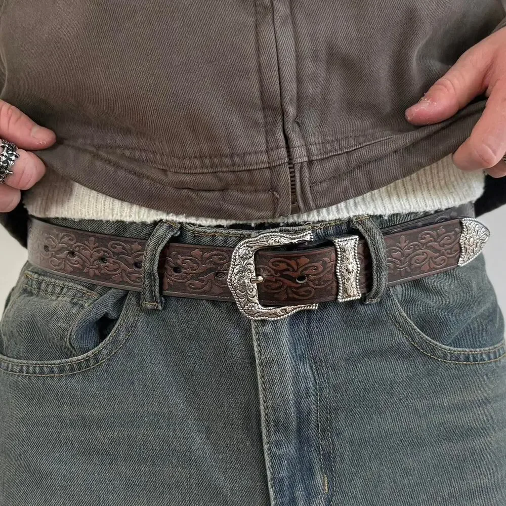 y2k style engraved brown american western design belt